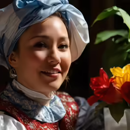 a woman that is holding a vase with flowers