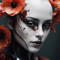 a young woman with face paint and large flowers on her head