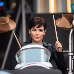 a woman holding two drums behind a car