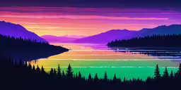 a beautiful landscape of trees and a lake,a landscape view of an island, lake and mountains in a multicolor sky