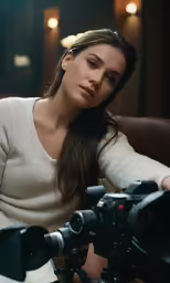a woman in white sitting with camera equipment