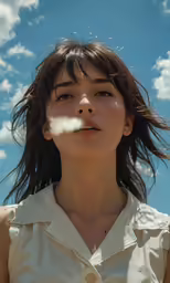 a young woman smoking a cigarette in the sky