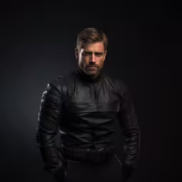a man with a goatee wearing leather looking at the camera,man in black leather jacket standing against a dark background