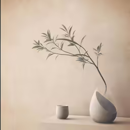 a painting with two white cups and a bamboo branch in the vase