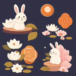 rabbits and waterlilies by a dark background