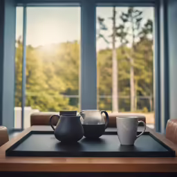 three coffee cups and two teapots are on a table in front of two large windows