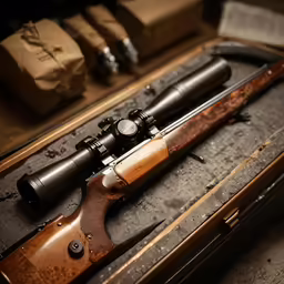 a gun with a rifle scope and other items in it