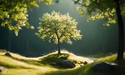 a lone tree is on top of an hill in the forest