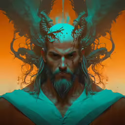 a bearded male with a large horn and horns on his head