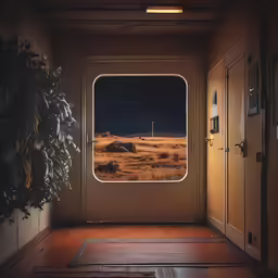 a view from an open doorway looking into the field