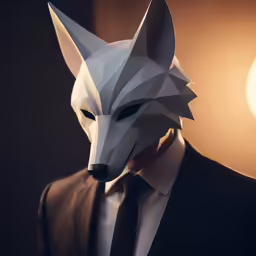 a man in a suit and a mask with a fox head on