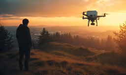 a man looking down at the sky while a large white unmanned flying in the air