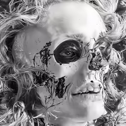 the woman is covered in splats of paint