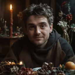 man with a plate of food in front of him with candles