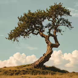 a tree is on a hill with clouds in the background