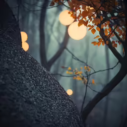a tree with lots of orange leaves next to a wall