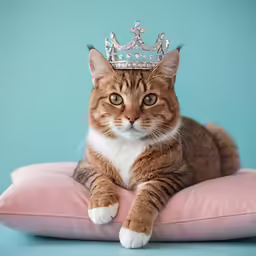 a cat sits on a cushion with a crown