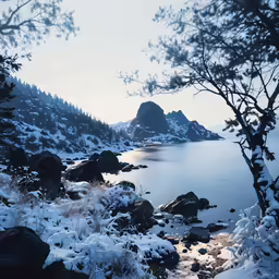 a very snowy and frosty mountain top overlooking a lake
