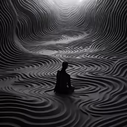 the silhouette of a person sitting in a swirling room