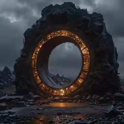a circular object sitting in a rocky area next to a puddle