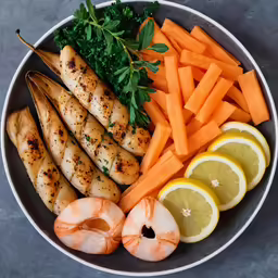 fish, sliced lemons and carrots in a bowl