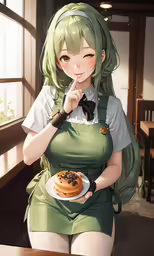 anime woman wearing green outfit holding an iced donut