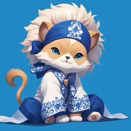 a cute cat wearing blue and white clothing