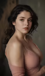 a woman in nude dress posing for a photo