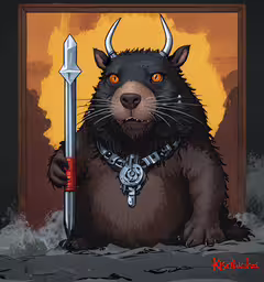 a drawing of a black dog with horns holding a sword,a cartoon picture of a cat holding a sword