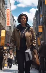 a woman is walking down the street in a tan coat
