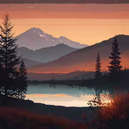 the setting sun is visible over some water and mountains,the mountains are silhouetted against the sunset in the distance