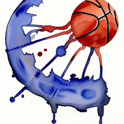watercolor painting of a basketball being blown by the wind,watercolor painting of a basketball over a table
