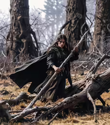 a woman holding a large stick walking across a field