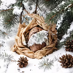 a baked item in a wrap is sitting in the snow next to some cones
