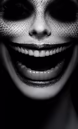 a woman with her mouth open and her face covered in netting