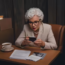 an older woman sitting at a table in front of a cellphone