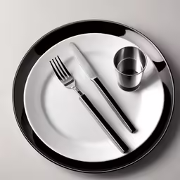 a plate with a black rim and knife, fork and spoon