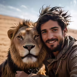 a man with a beard sitting next to a lion