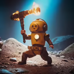 a robot with a flashlight and a hat holding something in his hands