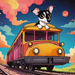 a dog that is sitting on top of a train,a dog is standing on the top of a train and looking back
