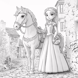 a princess in a gown standing next to a horse