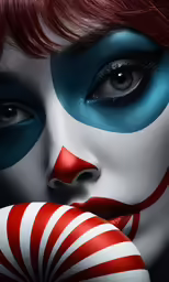 a woman with bright blue and red makeup