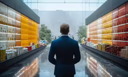 a man standing in a room with a number of containers on the wall