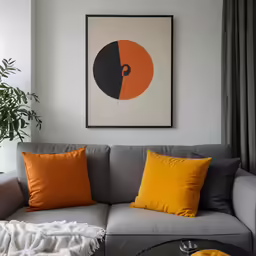 a living room with orange and black pillows