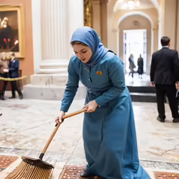 a woman sweeping a lobby floor in her blue outfit