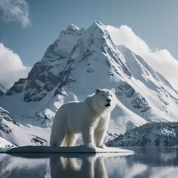 a polar bear standing in front of a snowy mountain