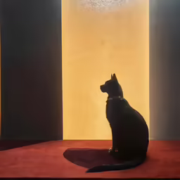 the black cat sits against the wall alone