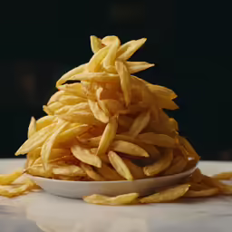 a bowl filled with fried french fries next to a pile of chips
