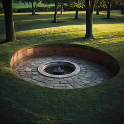 a fire pit in a brick ring sits on the grass