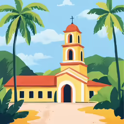 a painting of a church on the side of a road